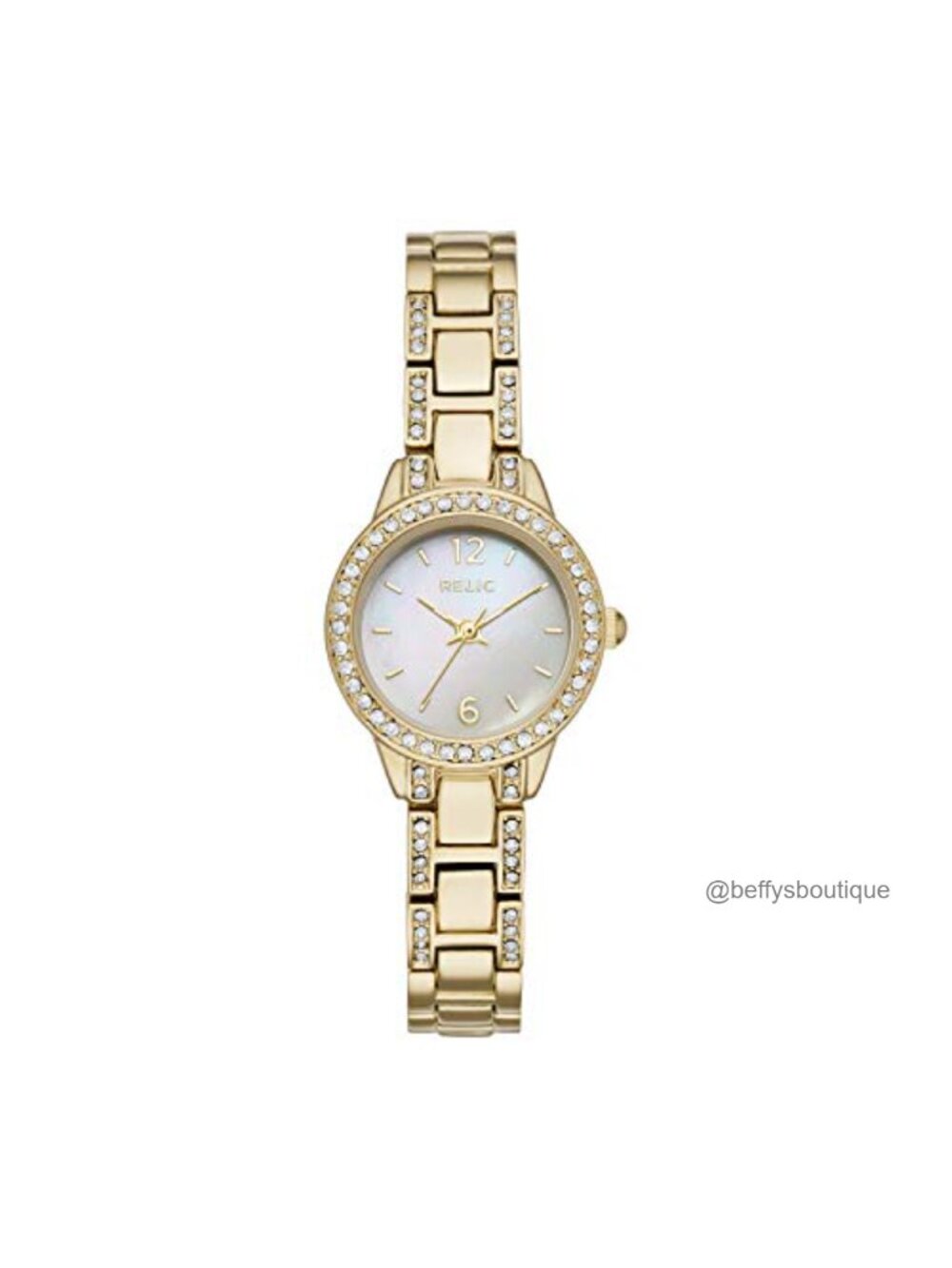 Dainty Gold Tone Dress Watch Mother of Pearl Dial Glitz Accents